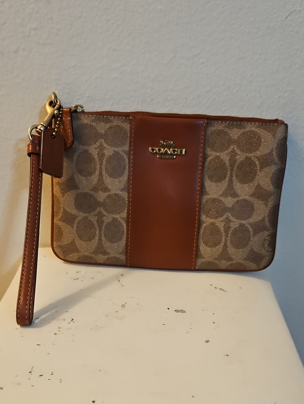 Coach Tan Signature Canvas and Rust Leather Large Wristlet, Card Slots
